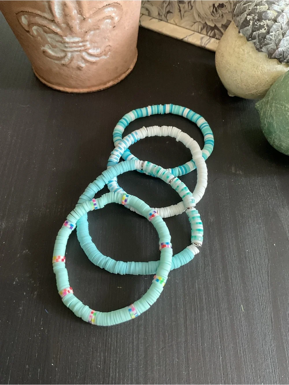 Kids Stretchy Beaded Bracelet Set - Aqua & White